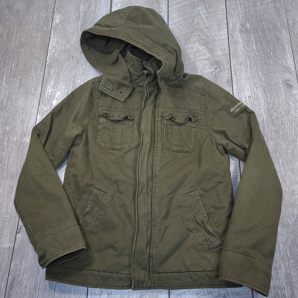 Abercrombie Kids Hooded Jacket Boys XL Olive Green Military Field Coat